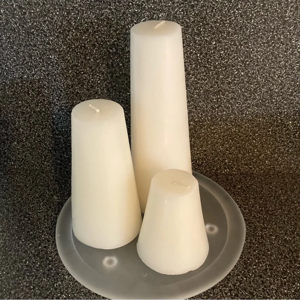 NWOT Set of 3 unscented cream colored candles + glass candle holder
